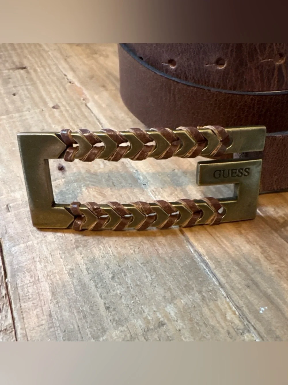 GUESS Brown Leather Men's Belt with Brass-Tone Braided Buckle